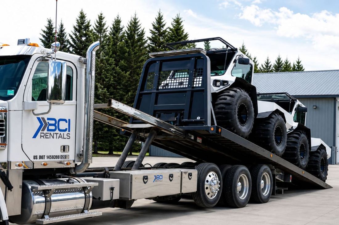 BCI Rentals truck delivering a Swamp Rider to a remote job site in northern Minnesota