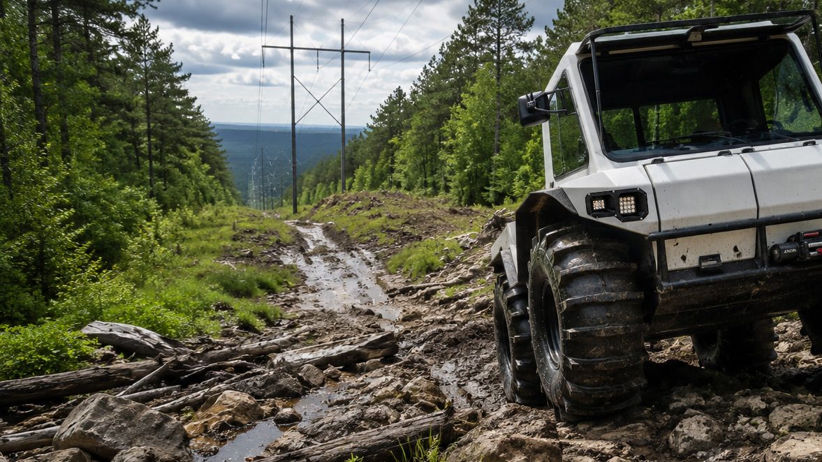 Swamp Rider SR-V Cabin descending a rocky powerline right-of-way in northern Minnesota
